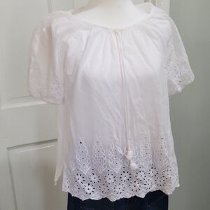 Life Style White Eyelet Top 100% cotton Short Sleeve Womens LP, Summer